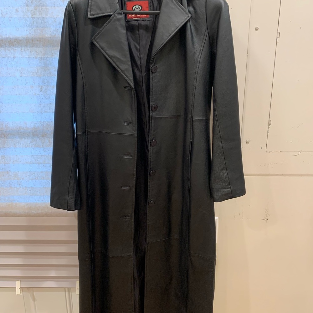 Black leather long coat jacket